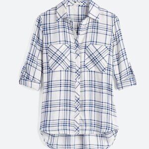 Laju Two Pocket Button Down Size M NWOT Blue & Ivory Plaid